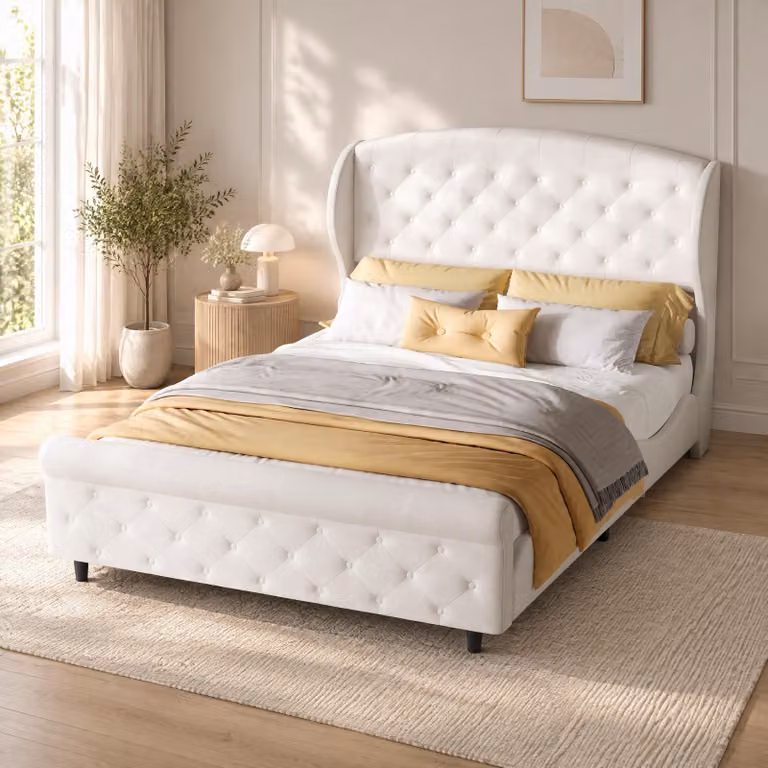 Letto matrimoniale imbottito INONEFT, 140x200 cm, struttura letto per ragazzi con rete a doghe e testiera, in velluto, color crema