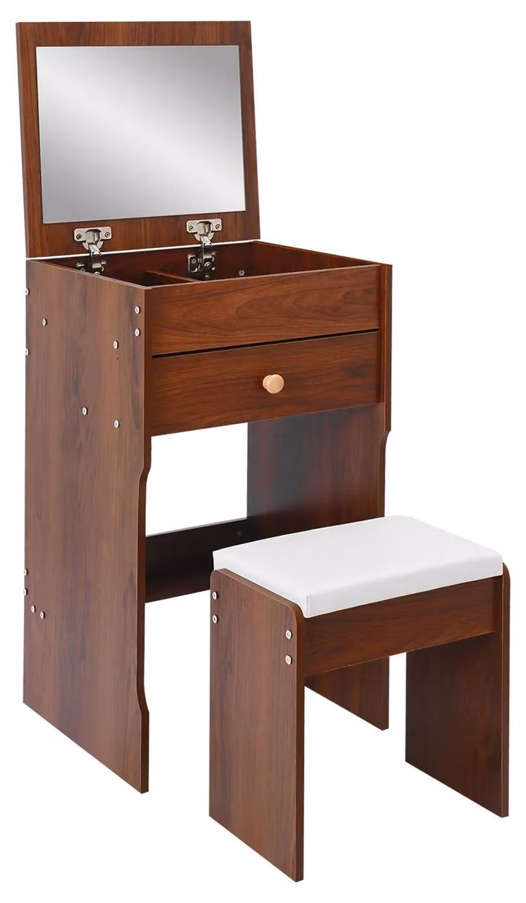 Comò da trucco con sgabello - Tavolino da trucco - Specchio pieghevole - Design vintage - Struttura in MDF con cornice in legno - Cassetto con scomparti - Capacità di carico: 90 kg - Colore: marrone