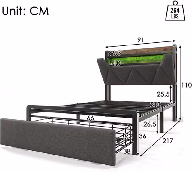 Letto singolo adulto 90x200 cm con cassetti e USB-C - Xylo - Grigio con materasso