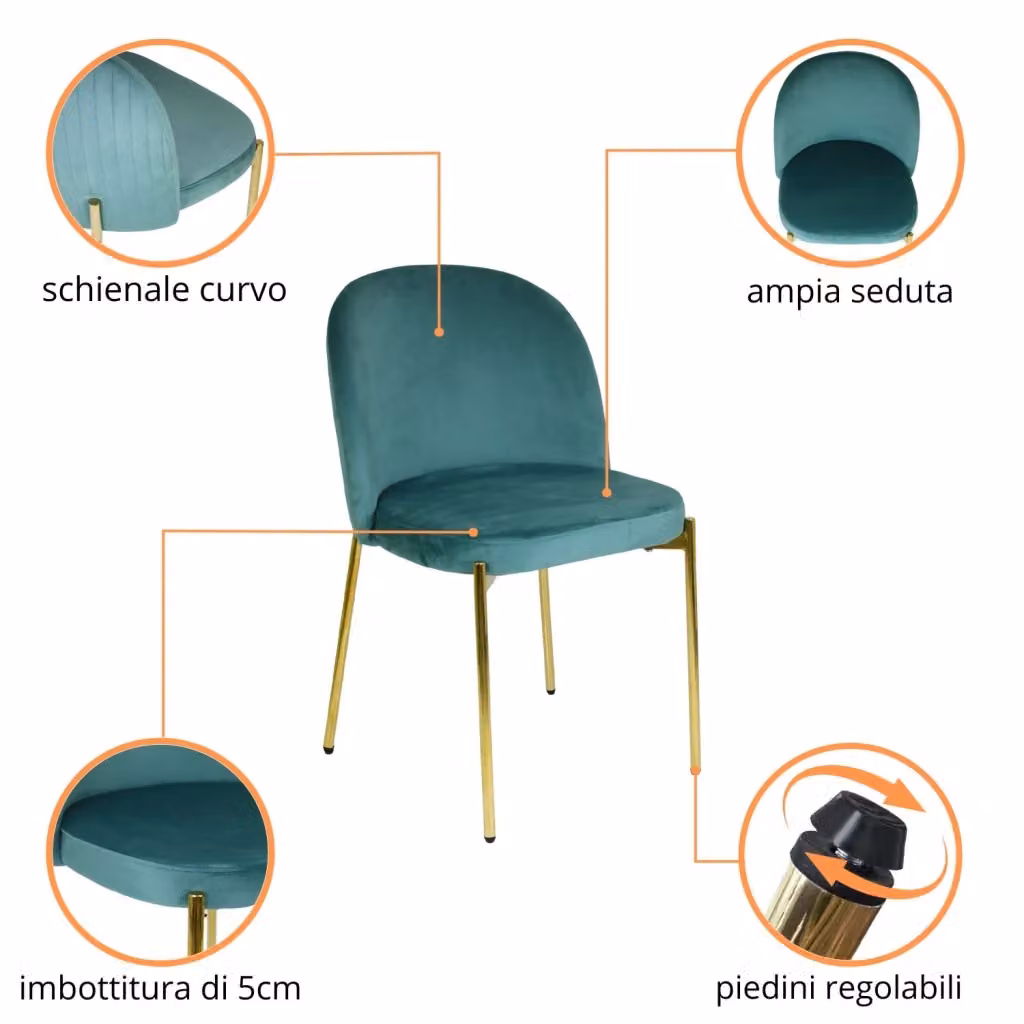 Sedia moderna Marvin in velluto verde acqua con gambe in metallo dorato – 2