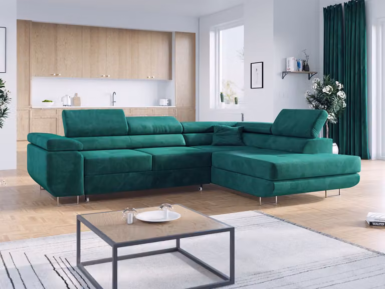 Divano ad L con funzione letto e poggiatesta regolabili - GUSTAW - Verde scuro - Versione destra