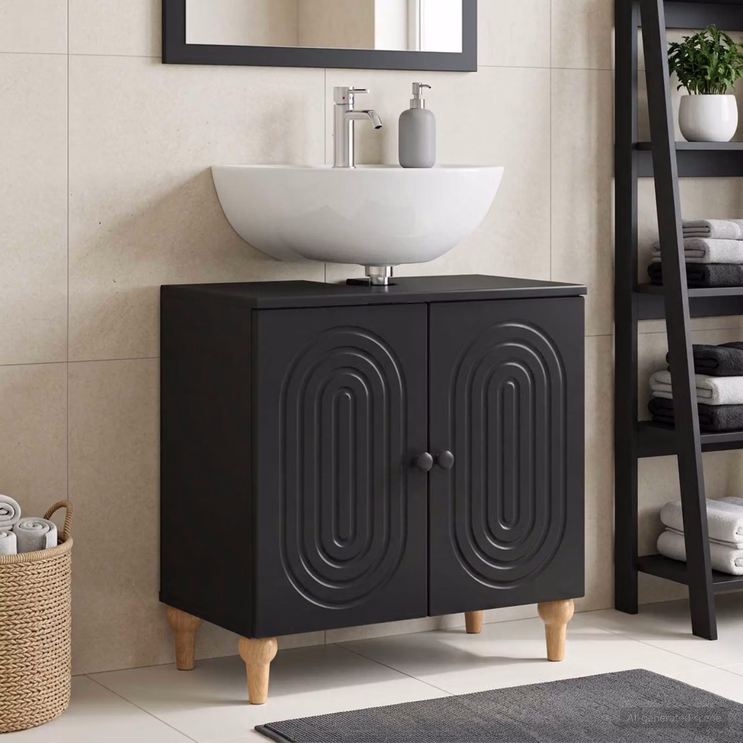 Armadio per lavabo da bagno vidaXL ALKMAAR nero moderno con ante a battente e ripiani interni L/P/H: 59,5 x 31,5 x 59 cm