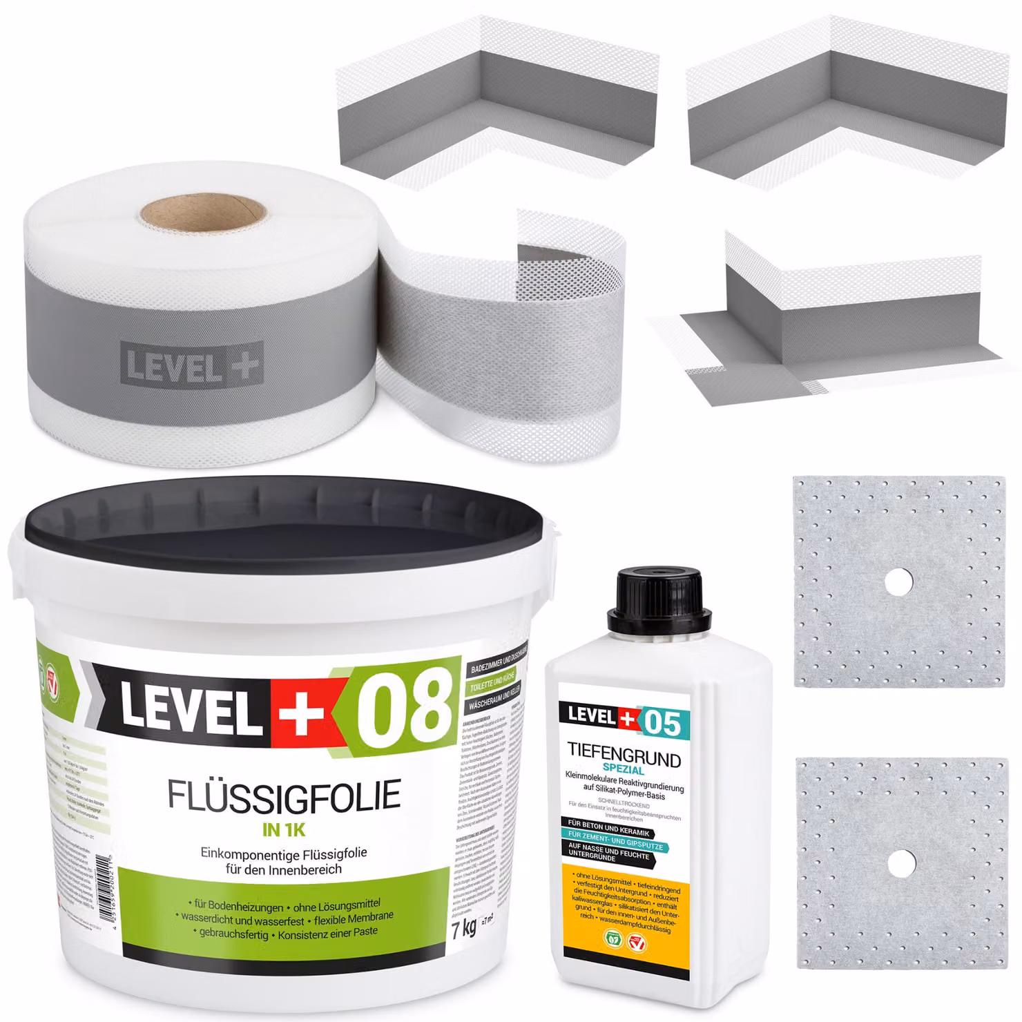 Kit di impermeabilizzazione Pellicola liquida 7 kg Nastro sigillante 5 mb Primer 1 l Livello+ SET100