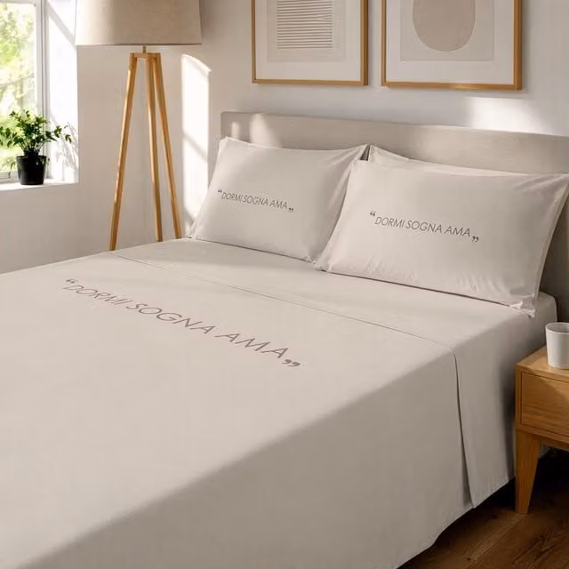 Completo letto matrimoniale KASANOVA in cotone beige con stampa Quotes 160x200 cm