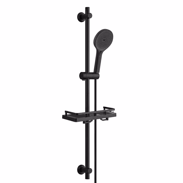 JOHO Asta doccia in acciaio inossidabile da 100 cm con ripiano, set con doccetta, set doccia regolabile adatto ai fori già presenti, nero