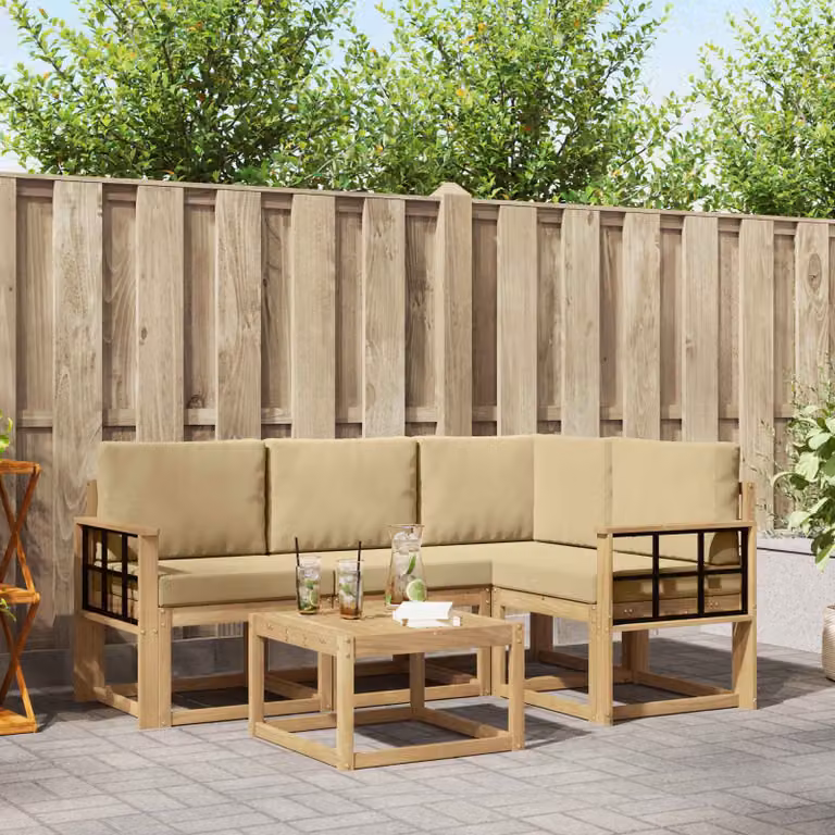 vidaXL Set di divani da esterno a L in legno di acacia con cuscini, Bianco e Beige