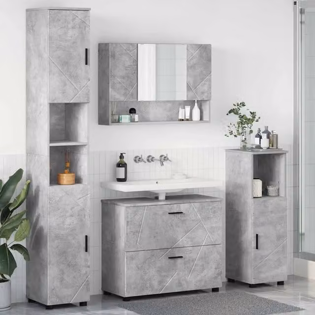 Set di mobili per il bagno vidaXL 4 pezzi in stile minimalista, colore grigio e nero, composto da mobile lavabo, armadietto con specchio, mobile laterale e colonna alta, L/P/H: 35 x 30 x 192 cm