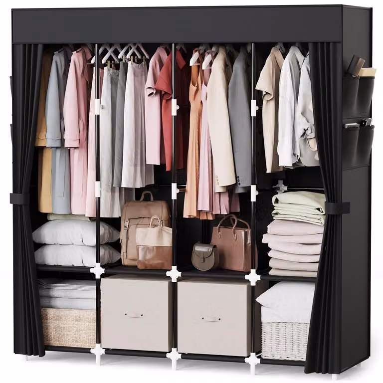 Armadio rivestito in tessuto, dimensioni 170x42x170 cm, colore nero, con 4 aste appendiabiti e 8 scomparti