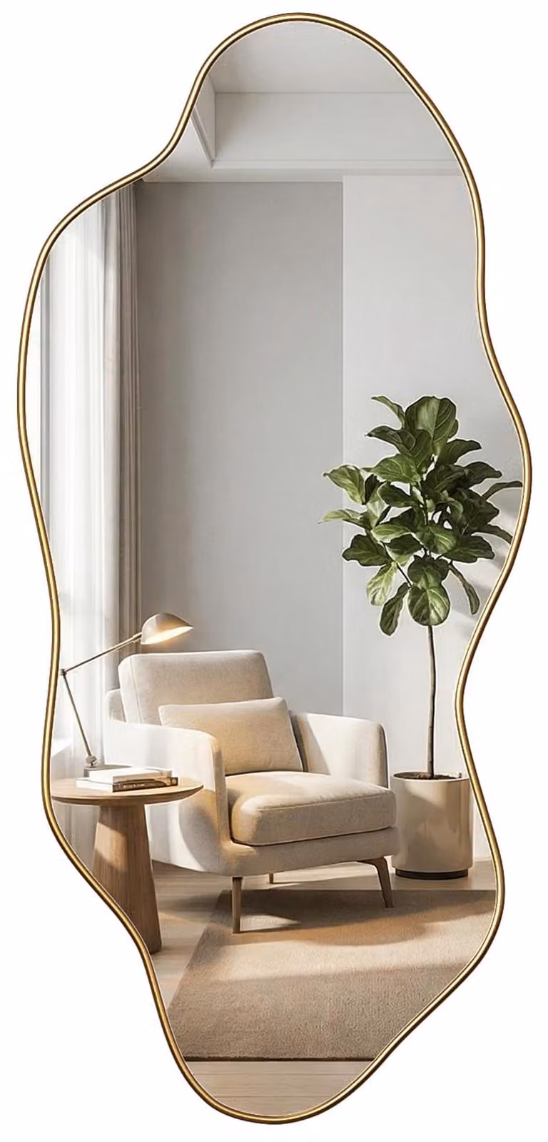 Specchio da parete asimmetrico, 54,5 x 120 cm, color oro, forma organica