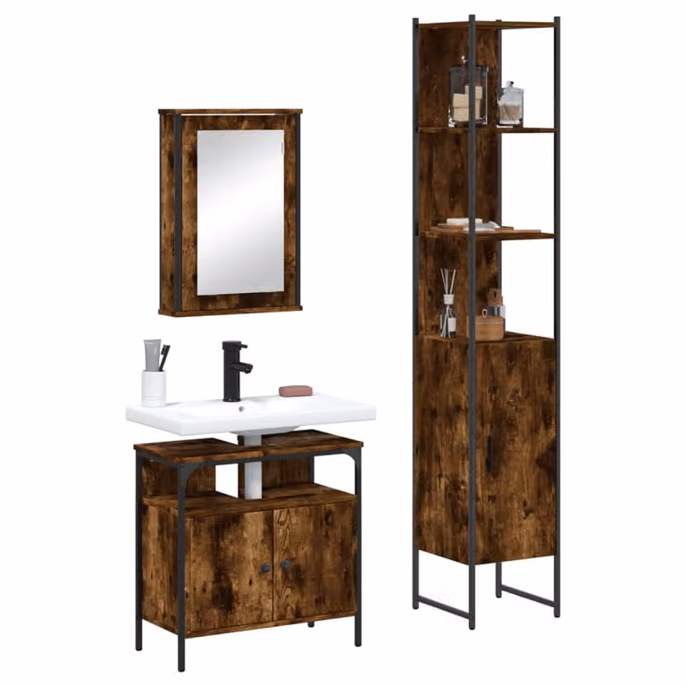 Set di mobili da bagno vidaXL 3 pezzi in legno e metallo stile industriale colore marrone con armadietto specchio, mobile lavabo e colonna alta