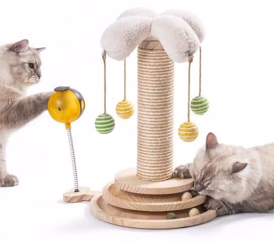 Ibenzoa® Albero per gatti 4-in-1: palo per graffiare in sisal realizzato in legno naturale, 45 cm di altezza, palline appese, accessorio per massaggio, percorso a biglie, 4 piedini in gomma antiscivolo