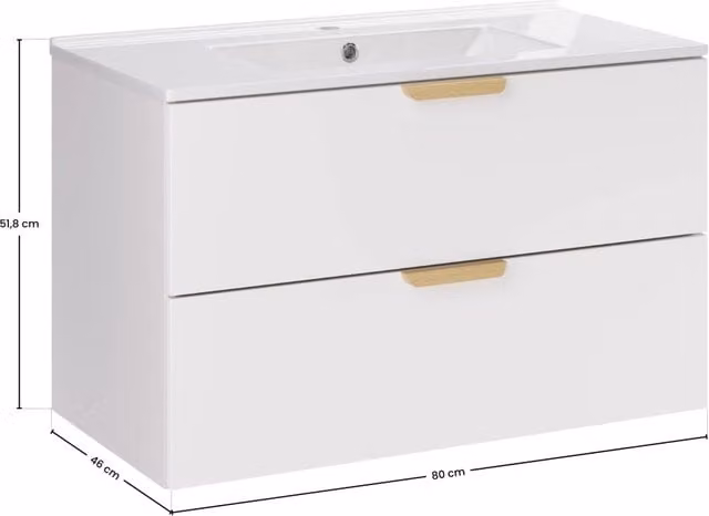 Set mobile bagno Lava Aster White con lavabo, design moderno sospeso, larghezza: 80 cm
