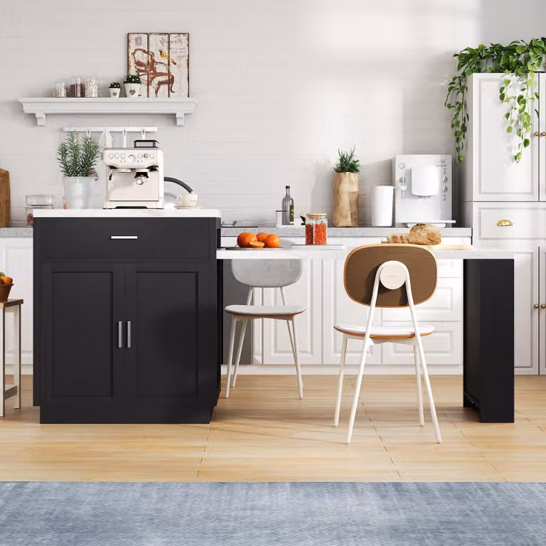 Isola da cucina con tavolo estensibile per 2-6 persone, dimensioni 211x55x89,5 cm, colore nero con effetto marmo bianco, realizzata in MDF, dotata di presa di corrente e spazio contenitivo