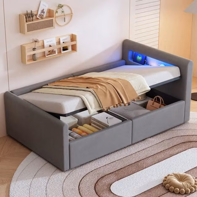 Letto contenitore Mivray imbottito in velluto grigio con LED, porta USB e schienale reversibile, L/P/H: 90 x 200 x 212,5 cm