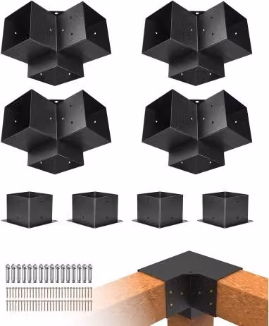 Kit di 4 staffe angolari a 3 vie VEVOR in acciaio nero per pergolato e gazebo, adatto per pali da 142 x 142 mm
