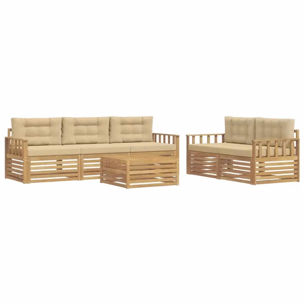 Set da giardino moderno vidaXL composto da divano angolare a L, divani a 3 posti e tavolino da caffè in legno di acacia trattato, colore bianco e beige con cuscini inclusi – 2