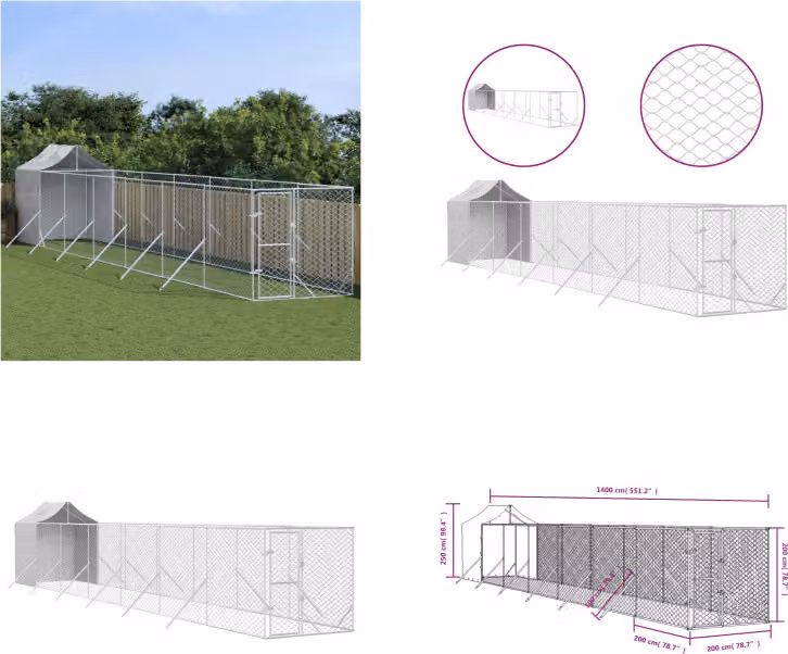 vidaXL Cuccia per cani da esterno con tetto argento 2x14x2,5 m in acciaio zincato - Cuccia per cani da esterno - Cuccia per cani da esterno - Cuccia per cani - Gabbia per cani