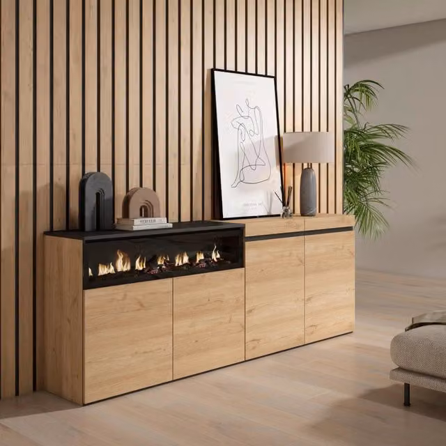 Credenza, Mobile, 200x35x75cm, 4 Porte, Camino elettrico, colore Rovere e nero RF2310