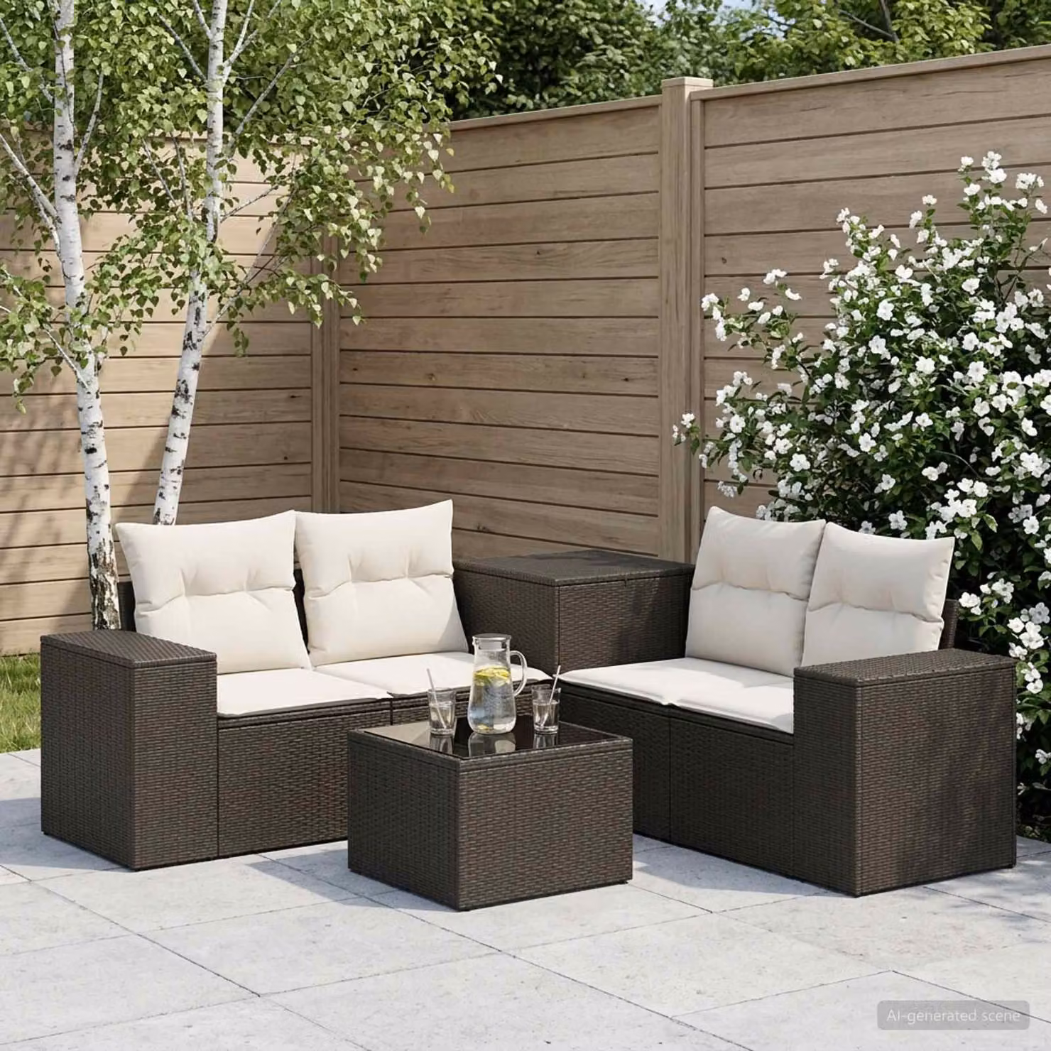 Set di divani da giardino vidaXL in polyrattan nero, bianco e beige con cuscini e tavolino coordinato