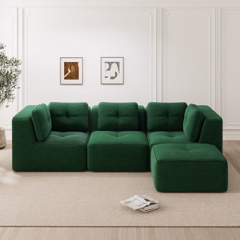 Divano angolare a forma di L, senza cornice, rivestito in tessuto Cord, con poggiapiedi, tre posti, seduta profonda, non richiede montaggio (verde)