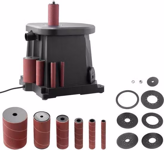Levigatrice a spindle oscillante, con utensile da 2000 giri al minuto dotato di 6 supporti (da 12,7 a 76,2 mm), e con sistema di aspirazione e scarico della polvere da 15 mm, ideale per la finitura di mobili, la levigatura manuale e la lavorazione del leg