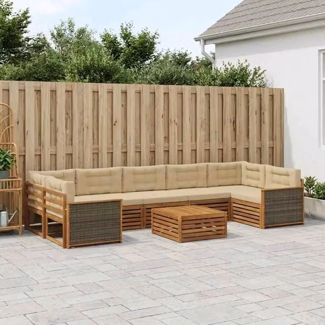 Set di divani da esterno moderno vidaXL in legno di acacia con cuscini beige, 8 pezzi – 1
