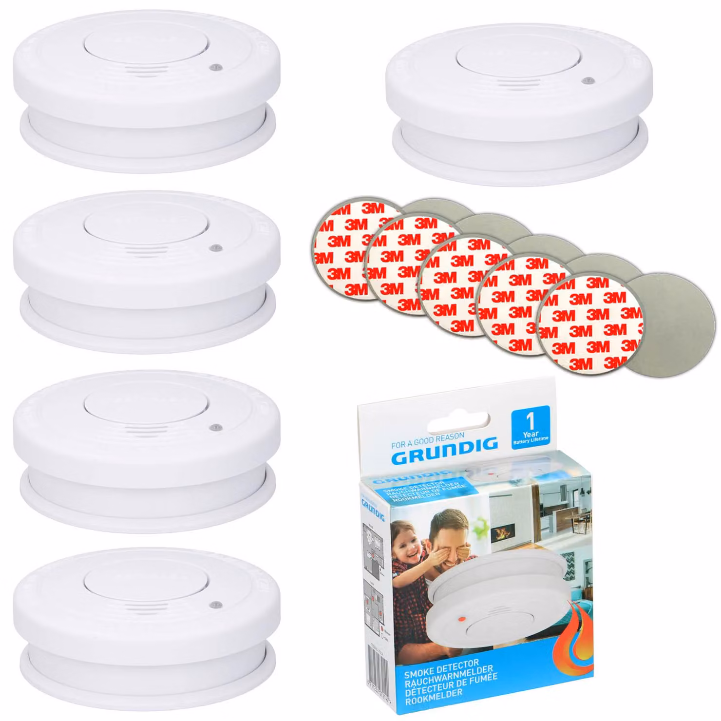 5 rilevatori di fumo da 85 dB con batteria da 9 V inclusa + set di adesivi 3M per rilevatori di incendio