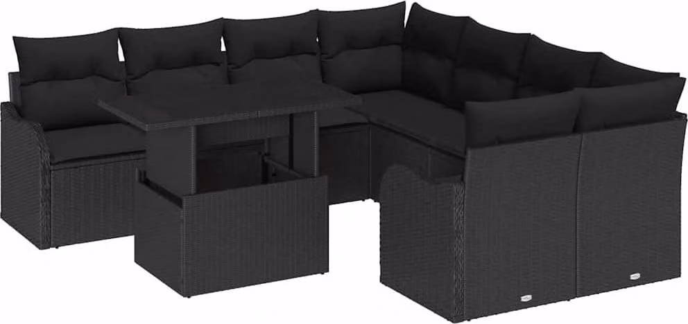 Set Divano da Giardino con cuscino 9 pcs Nero Poly Rattan