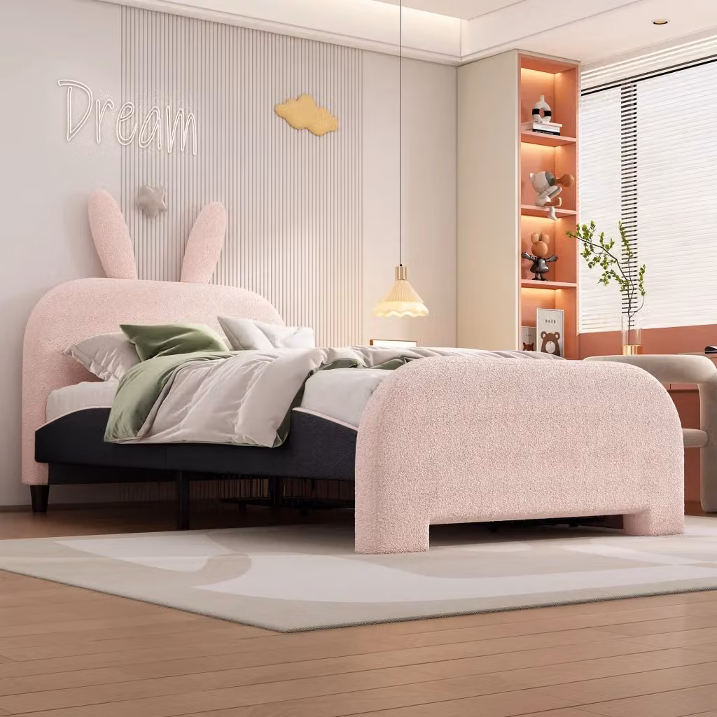 Letto singolo per bambini OKWISH rosa con 2 cassetti e struttura imbottita, L/P/H: 200 x 90 x 101 cm – 2