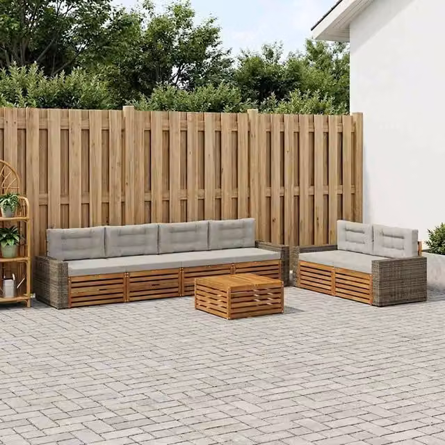 Set di mobili da esterno vidaXL composto da 7 pezzi con divano a 3 posti, tavolino da caffè e cuscini in tessuto beige e grigio con struttura in legno di acacia trattato – 1