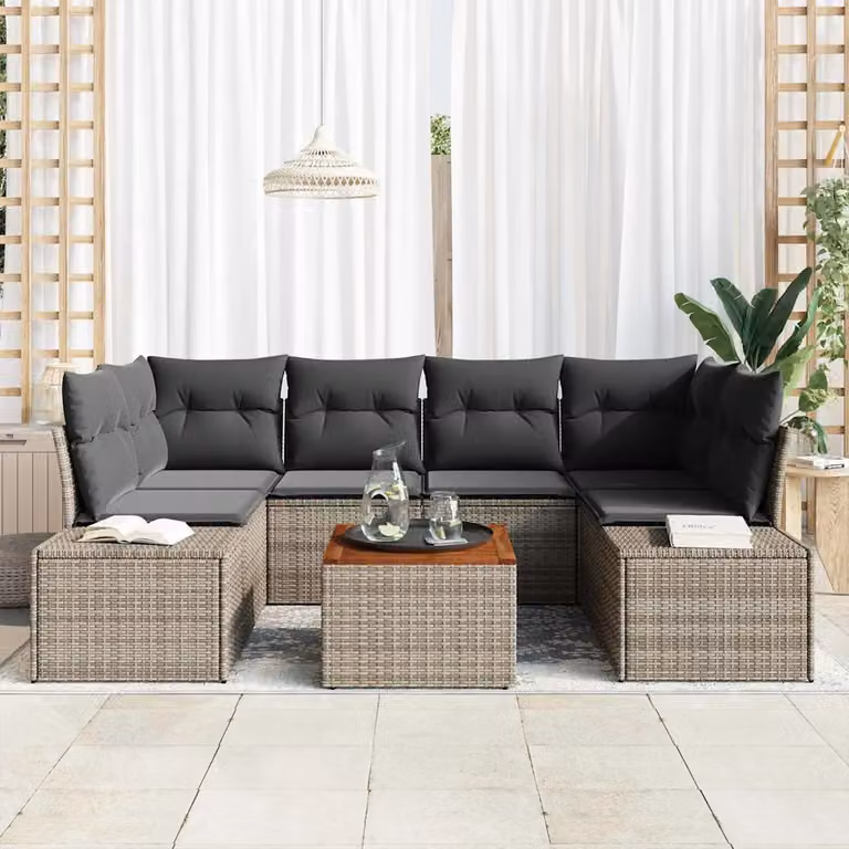 Set Divano da Giardino vidaXL a forma a U in Polyrattan Grigio con Tavolino e Cuscini