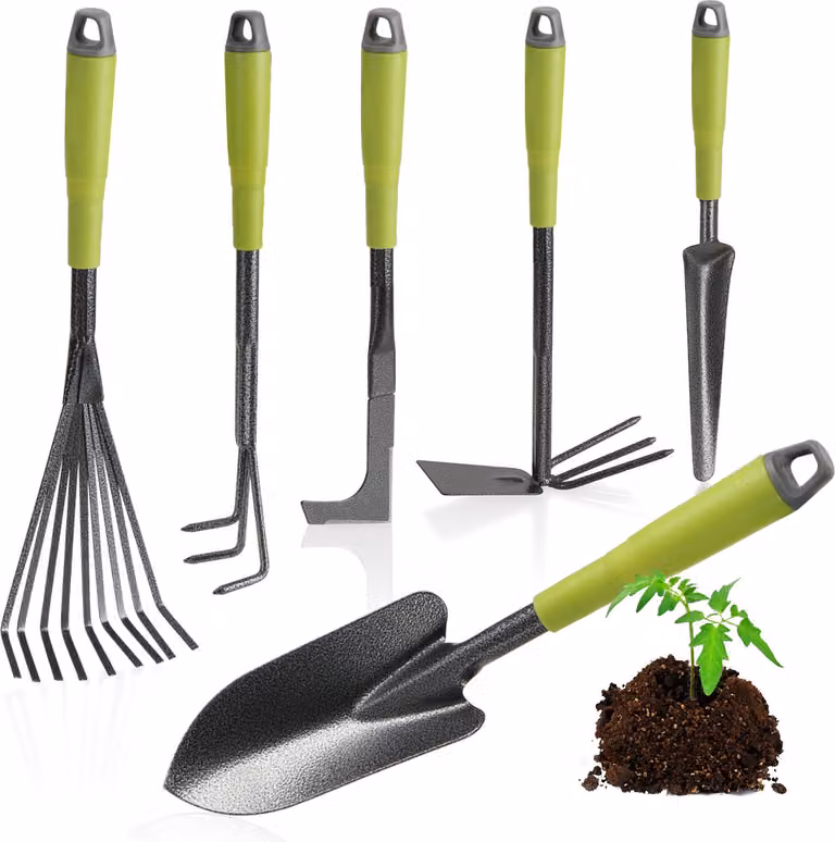 set di attrezzi da giardino da 6 pezzi com-four® - set da giardino con zappa doppia, piccolo coltivatore, raschietto per giunti, rastrello a mano, cazzuola per fiori - attrezzi da giardino per piante e giardinaggio