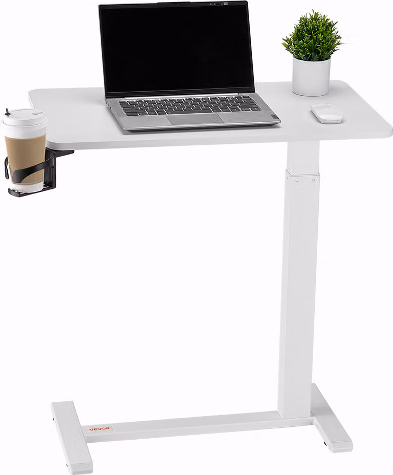 VEVOR tavolino da letto mobile con 4 rotelle nascoste, regolabile in altezza e tavolino per laptop con portabicchieri, tavolino da letto portatile per ufficio studio casa bianco