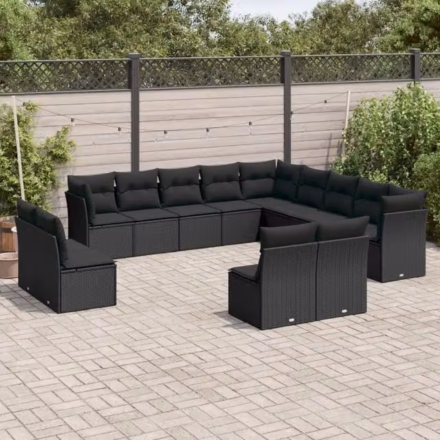 Set di Divani da Giardino a Forma di U vidaXL in Polyrattan Nero con Cuscini e Coperture Rimovibili