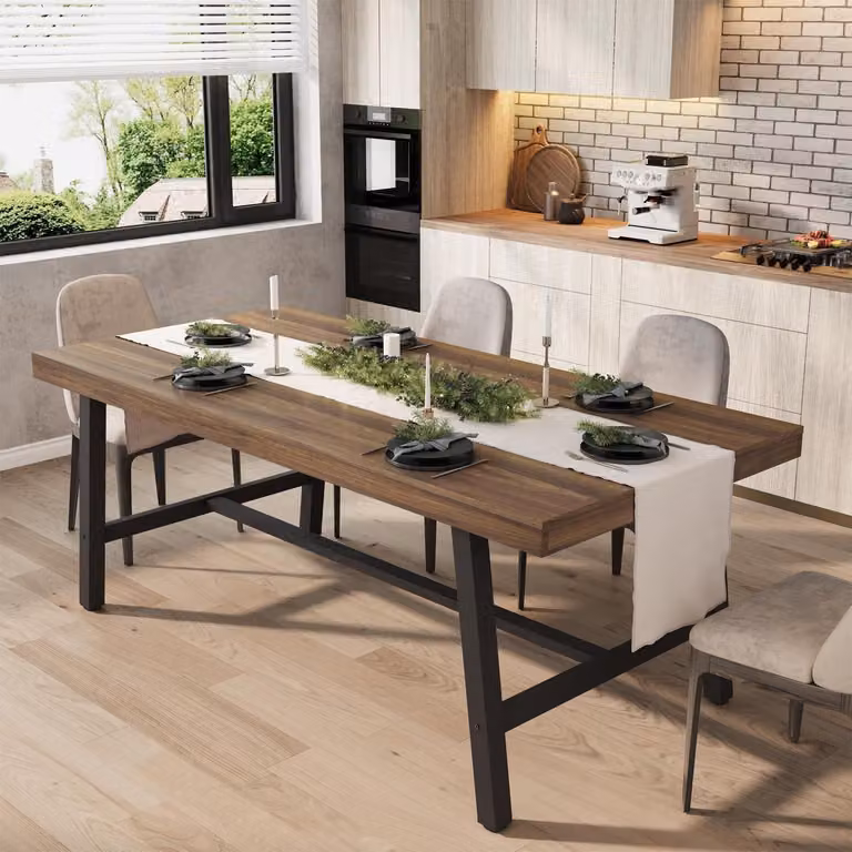 Tavolo da pranzo da 180 cm, adatto per 6-8 persone, con aspetto rustico in legno, gambe in metallo nero, stile industriale, colore marrone