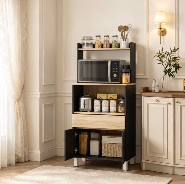 Mobiletto Buffet da Cucina con Spazio Microonde, Ripiani, Cassetto e Armadietto, 60x40x131 cm, Nero e Rovere