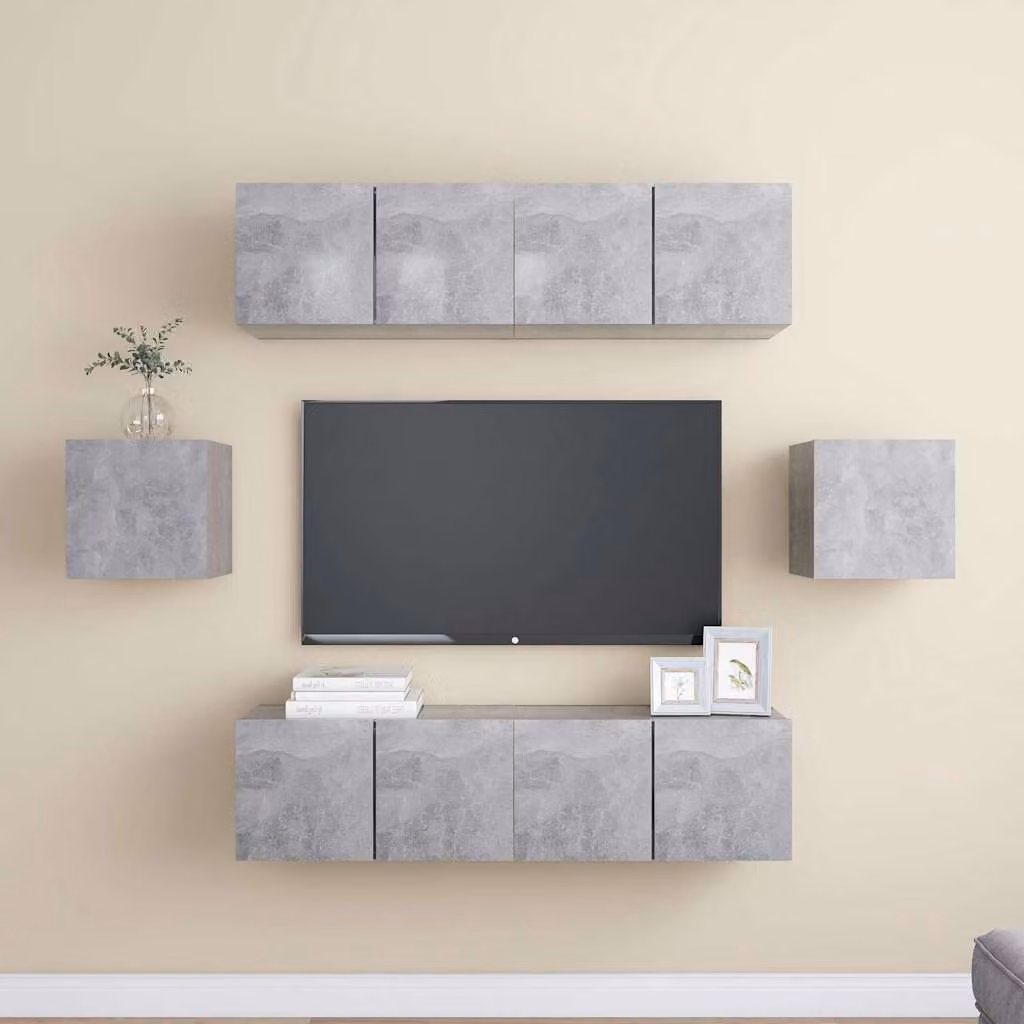 Set di Mobili Porta TV Moderno vidaXL da 6 Pezzi in Legno e MDF Grigio Cemento, Parete, L/P/H: 60 x 30 x 30 cm