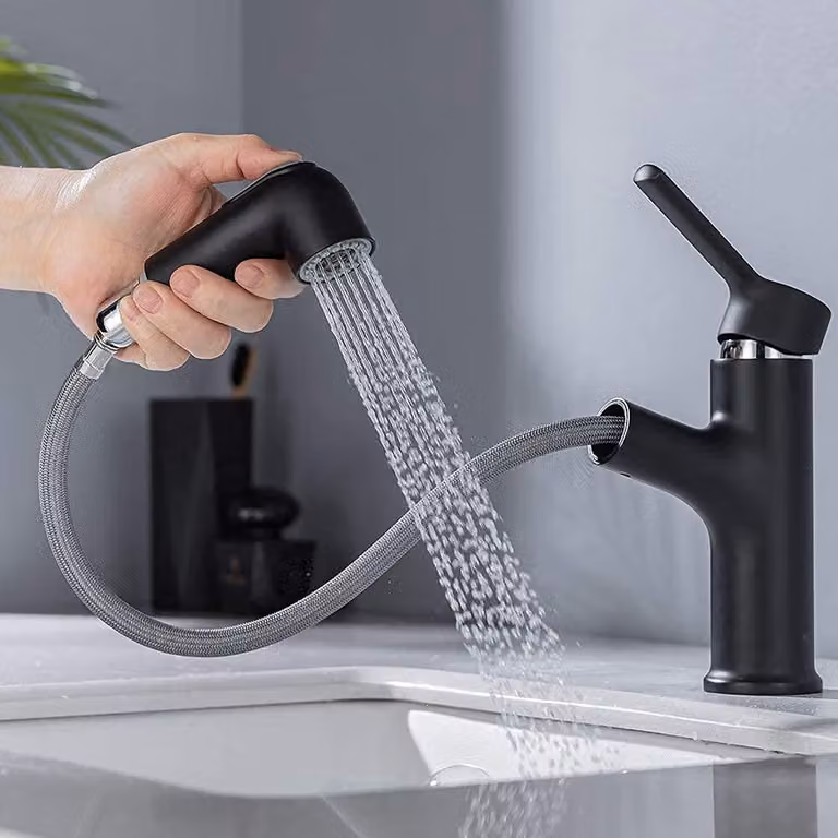 Miscelatore per lavabo nero, estraibile, con 2 tipi di getto, in ottone, monocomando