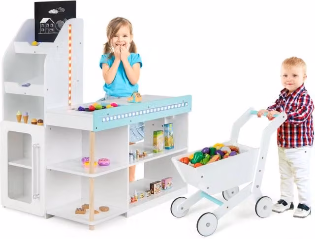 Set da supermercato in legno per bambini con carrello della spesa e registratore di cassa, Bianco
