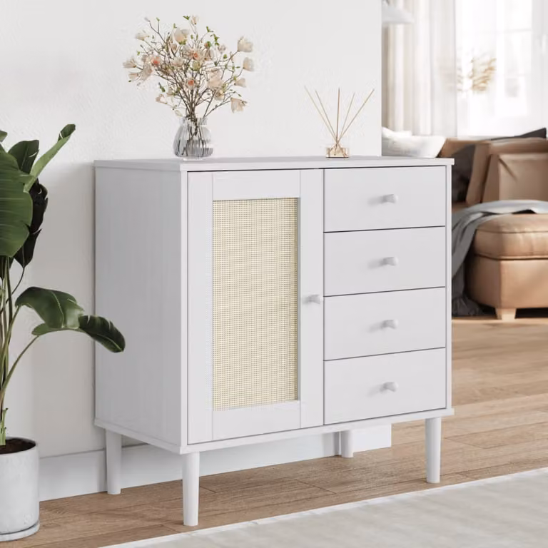 Credenza vidaXL SENJA in legno di pino massello con aspetto rattan, colore bianco, L 80 cm, P 40 cm, H 80 cm