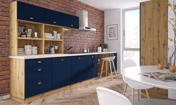 Mobile cucina "Bonn AV" Cucina-soggiorno 300cm completamente allungabile rovere artigianale fronte blu navy opaco