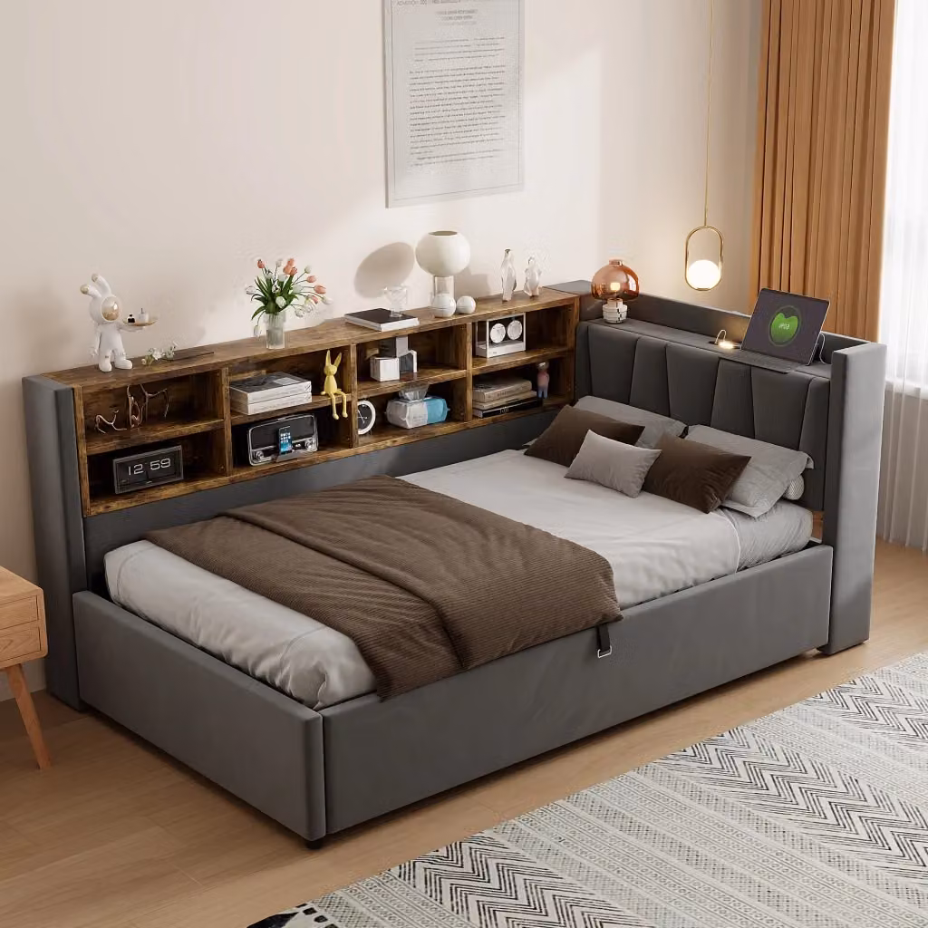 Letto singolo imbottito grigio con contenitore idraulico, lampada integrata, ripiani e porte USB e Type-C, dimensioni 90x200 cm – 2