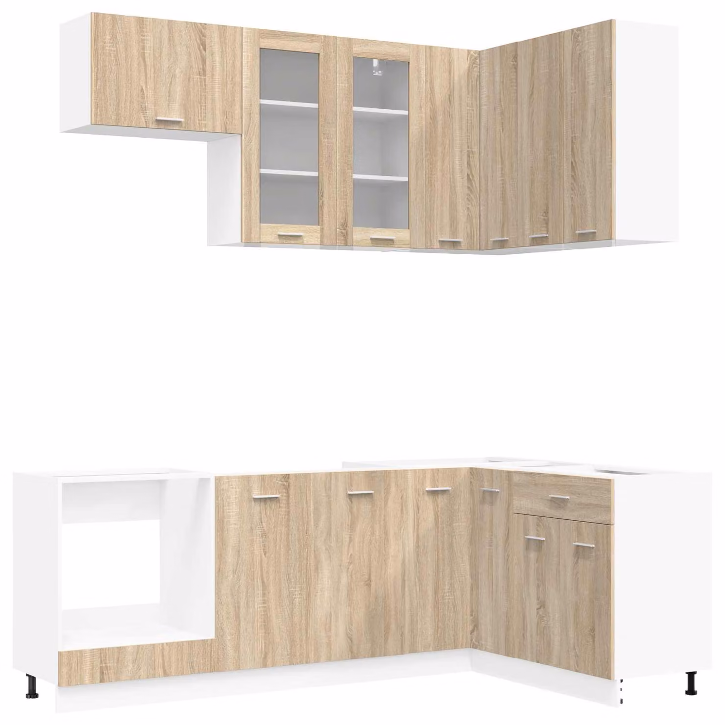 Unità cucina moderna vidaXL LYON composta da 8 pezzi in legno ingegnerizzato e rovere, con ante in vetro e ripiani interni, finitura opaca, colori marrone, grigio e bianco