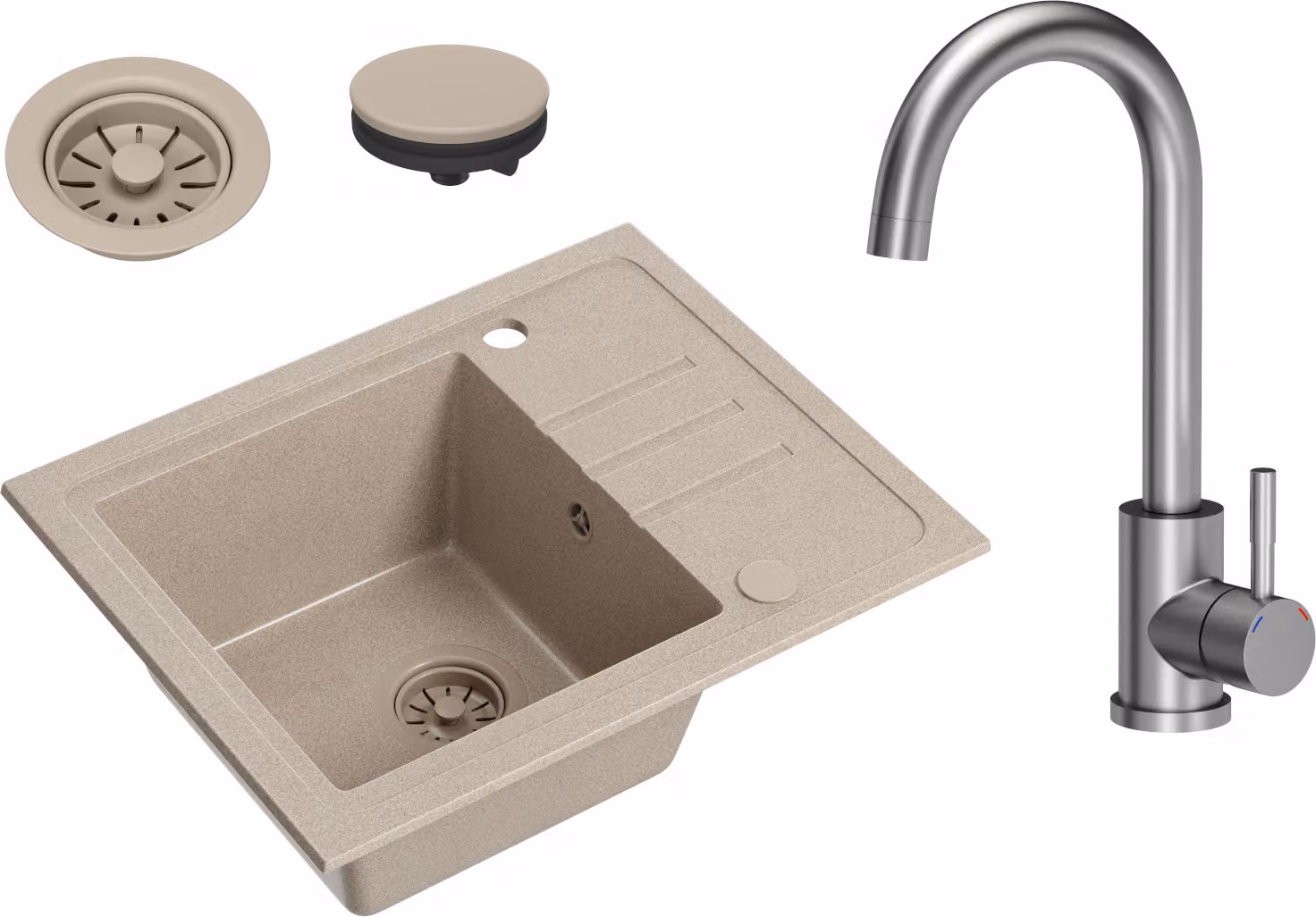 VBChome Lavello in granito beige con rubinetto 55 x 44 cm Lavello da incasso a vasca singola Macchiettato Reversibile Lavello in granito beige Sifone Rubinetto per lavabo