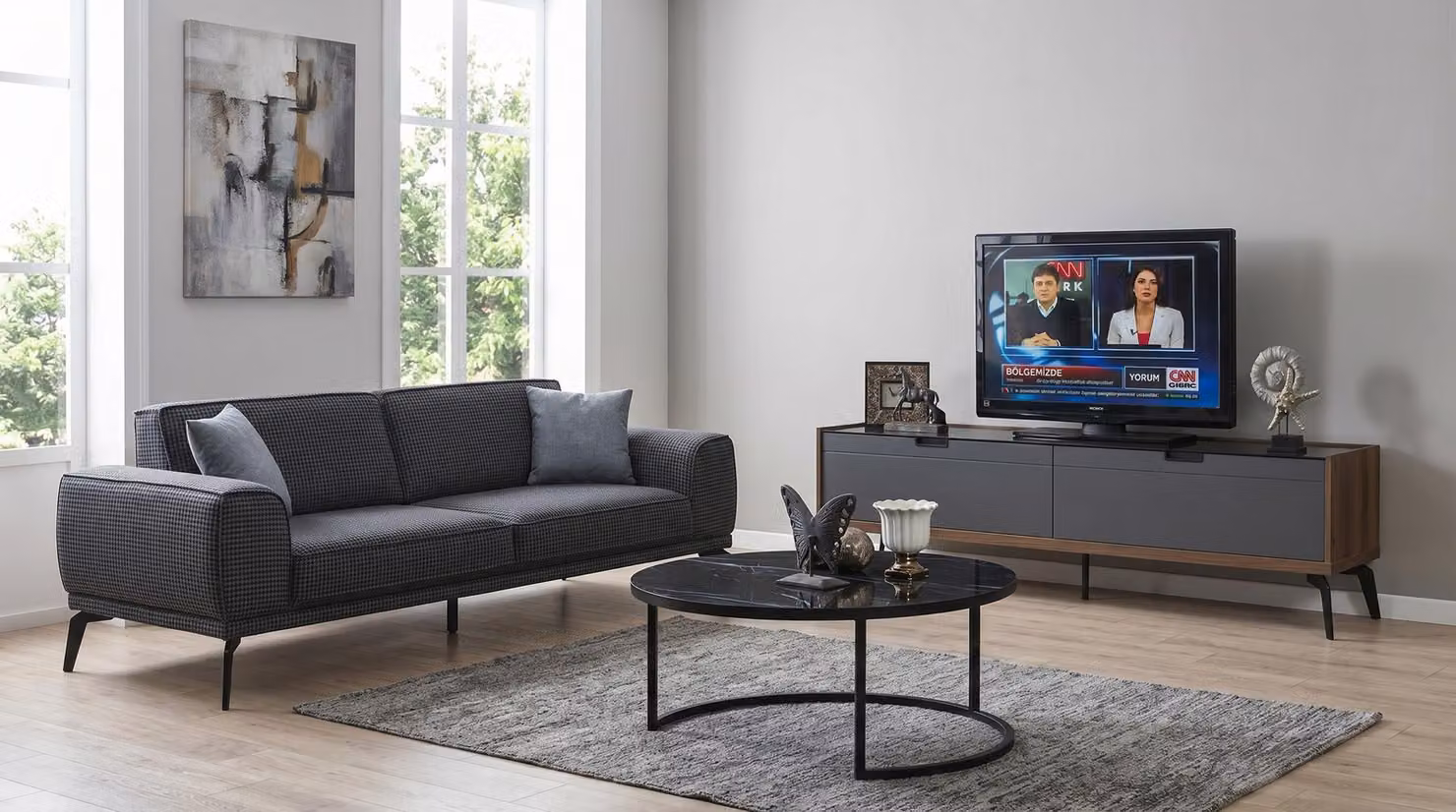 Divano a tre posti, tavolino, mobile TV, stile moderno, grigio antracite, elegante e confortevole