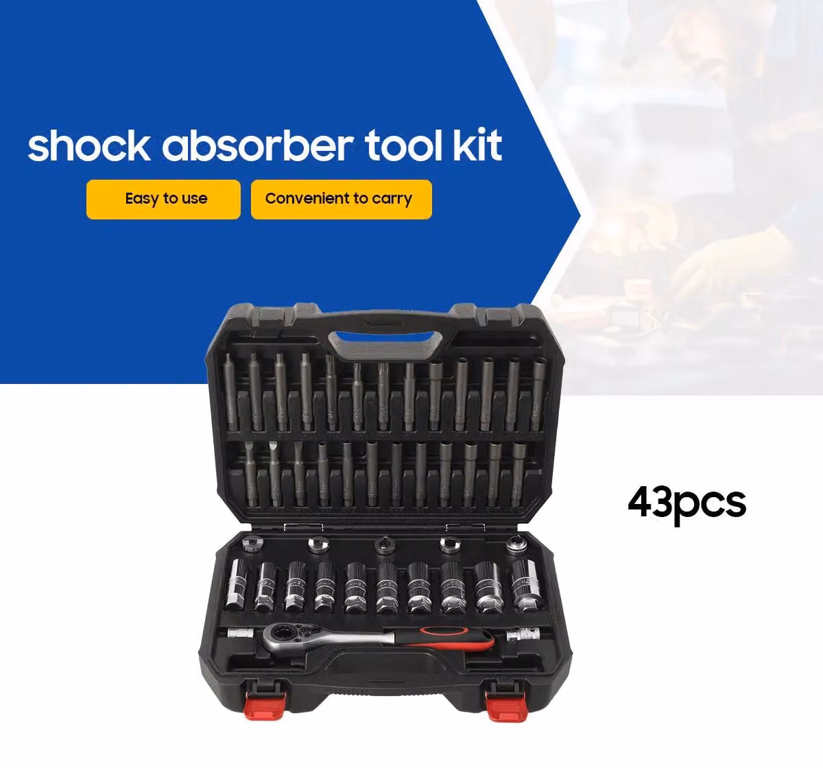 Kit completo di 43 pezzi per l'installazione e la sostituzione degli ammortizzatori – Set per lo smontaggio e il montaggio degli ammortizzatori – Attrezzi per le molle – Chiavi a cricchetto e chiavi inglesi – Adatto a tutti i veicoli