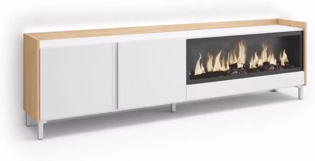Mobile TV Soggiorno, 212x61x35 cm, Per TV fino a 80", Camino elettrico XXL, Design industriale, LED, Bianco e Rovere soft