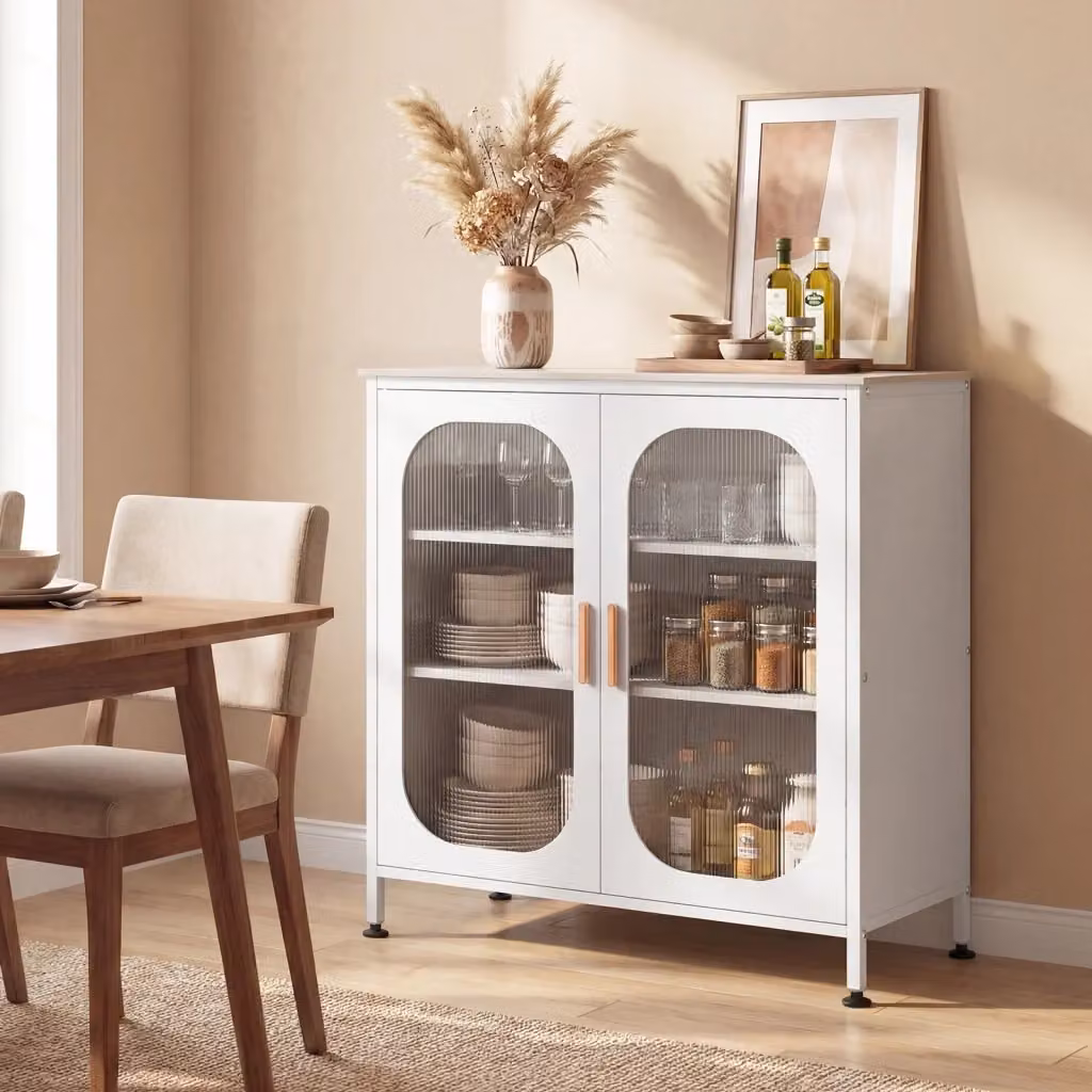 Credenza buffet mobile contenitore con 2 ante semitrasparenti e ripiano regolabile, mobile da cucina moderno Bianco L: 83 cm, P: 42 cm, H: 85,5 cm – 2