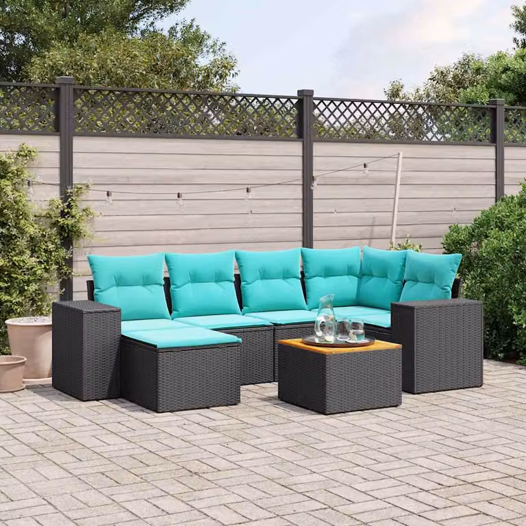 Set di divani da giardino vidaXL 7 pezzi in polyrattan nero con cuscini e tavolino da esterno a forma di L