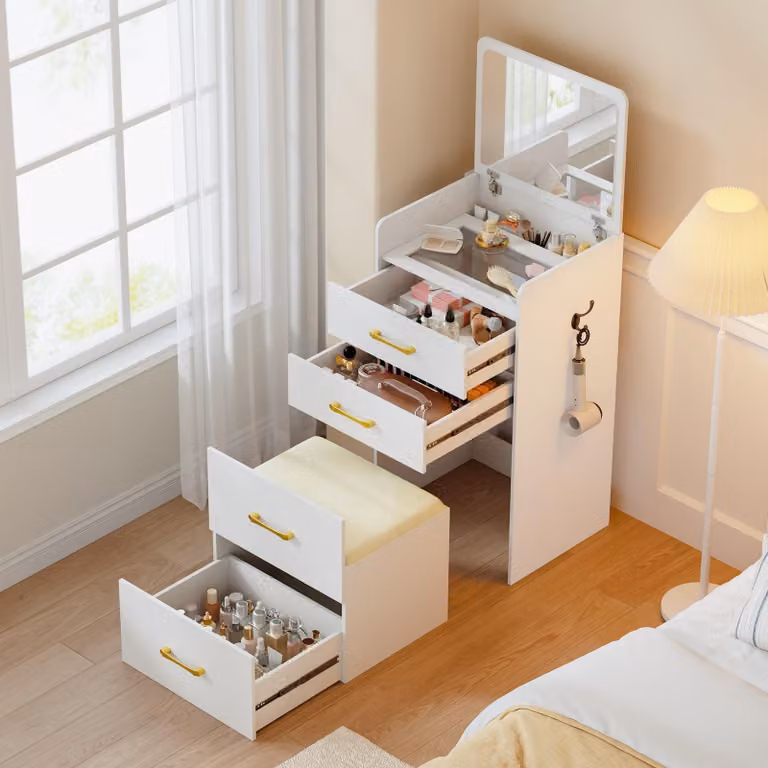 Omgoods - Tavolino da trucco angolare con specchio e spazio contenitore